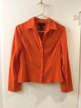 Express World Brand  Orange Stretchy Long Sleeve Button Down Shirt Blouse 4 Vntg